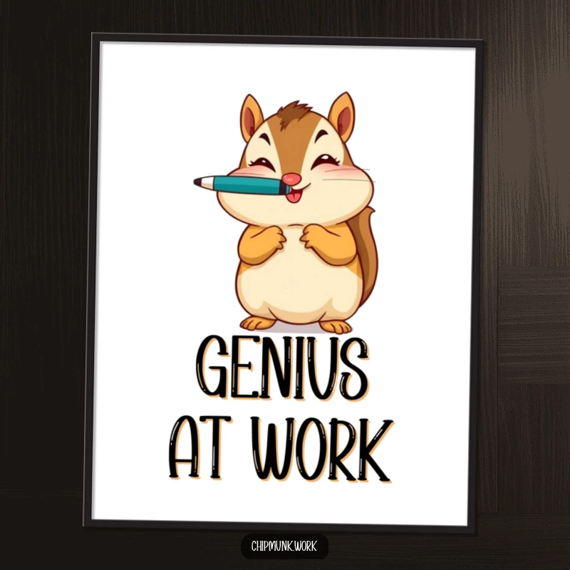 Funny poster featuring a chipmunk balancing a pen on its nose with a playful wink, adding whimsical decor.