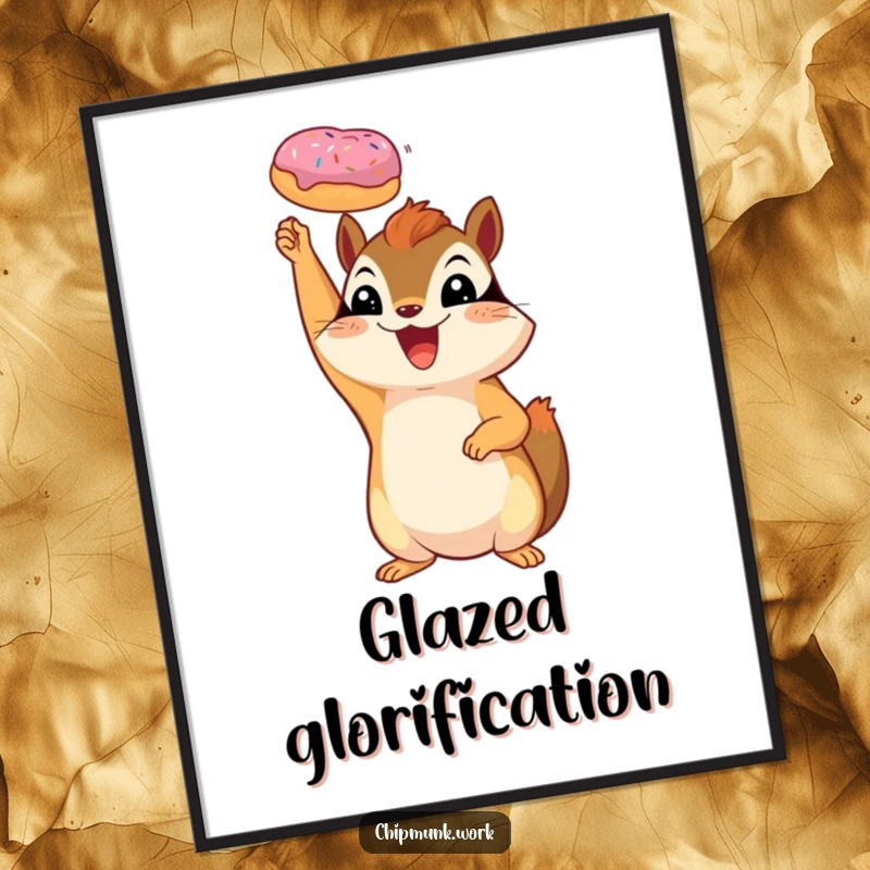 Funny chipmunk poster depicting a gleeful squirrel holding a tiny donut high above its head in victory.
