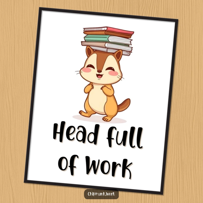 Funny illustration of a chipmunk waddling with papers on its head, creating a humorous and motivational wall art piece.