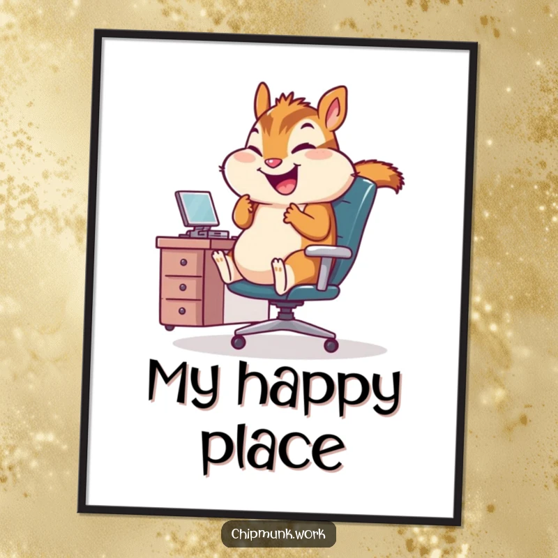 Funny Office Chipmunk Poster: Whimsical poster of a chipmunk joyfully spinning in a tiny office chair, perfect for adding humor to a workspace.