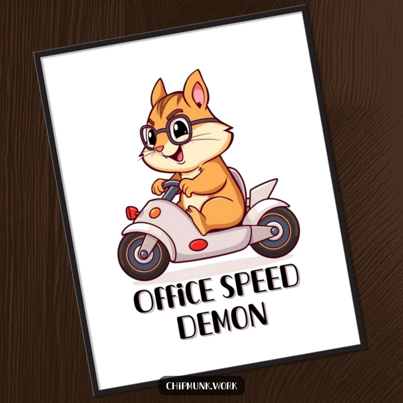 Funny chipmunk racing an office swivel chair like a car, a dynamic and hilarious piece of wall art.