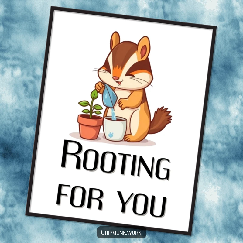 Funny chipmunk poster, enthusiastically watering a tiny potted desk plant, vibrant and humorous wall art for plant enthusiasts.
