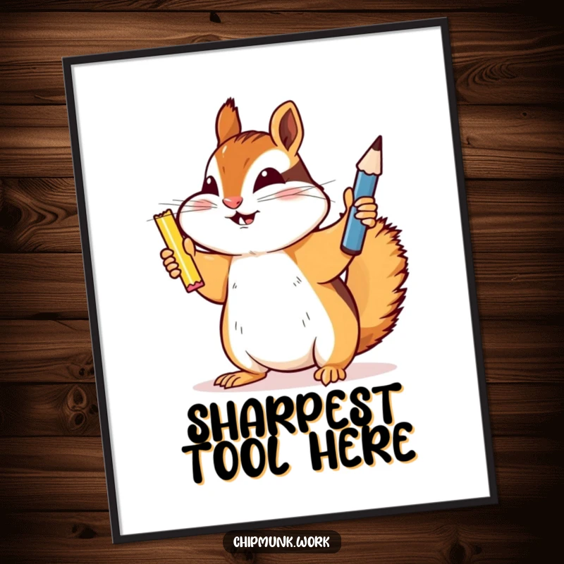Funny chipmunk poster, a chipmunk holding a newly sharpened pencil high in the air, celebrating a small but significant victory.