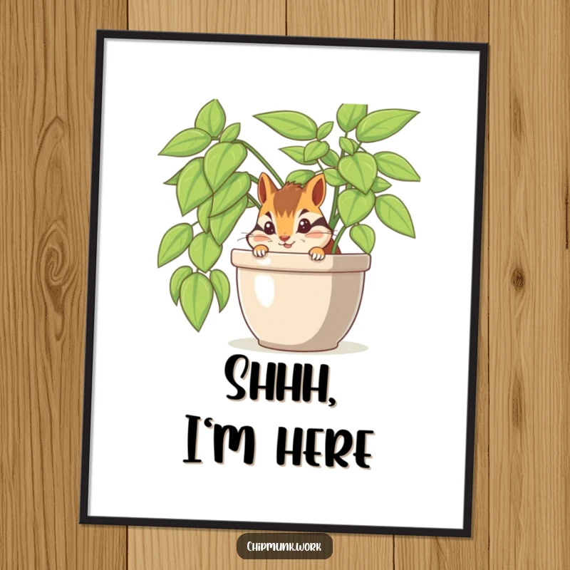 Funny chipmunk peeking from a large potted office plant, a humorous and charming piece of wall art.