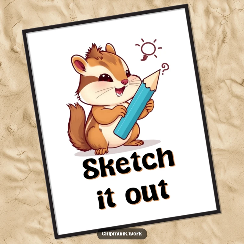Funny chipmunk poster, a tiny artist with a giant pencil, busily sketching a silly, imaginative idea on a notepad.