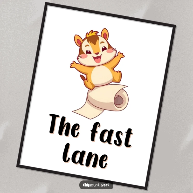 Funny poster depicting a cheerful chipmunk character mid-slide down a paper roll with an energetic leap. Humorous and dynamic wall art.