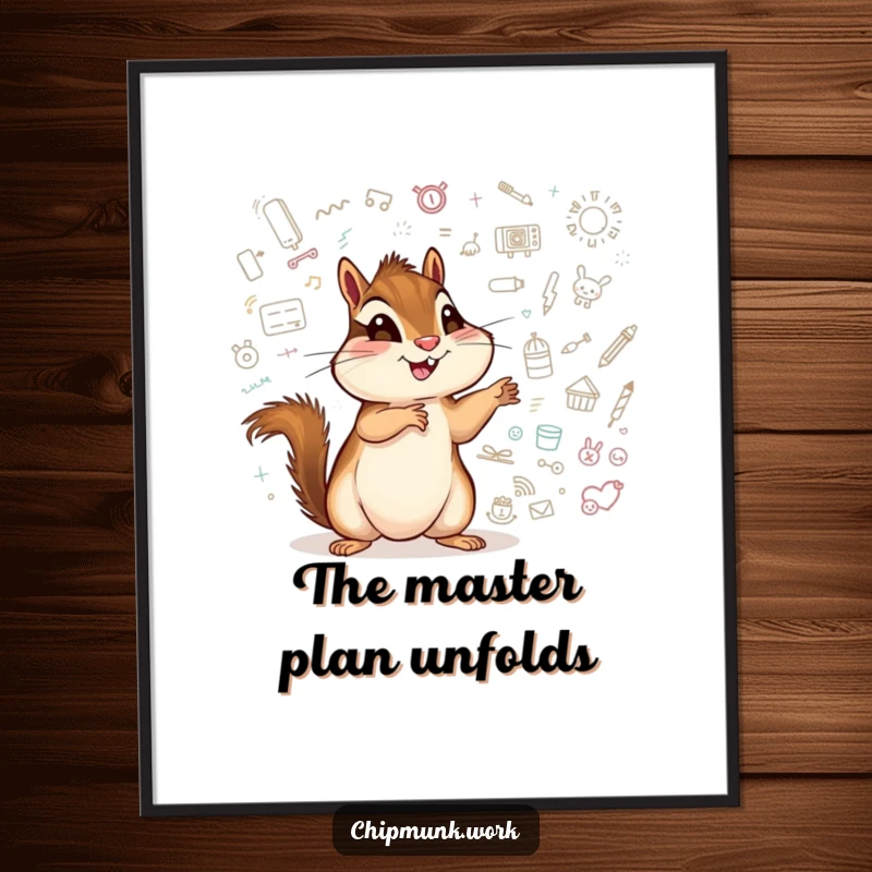 Funny chipmunk poster, an excited animal pointing at a whiteboard full of whimsical doodles.