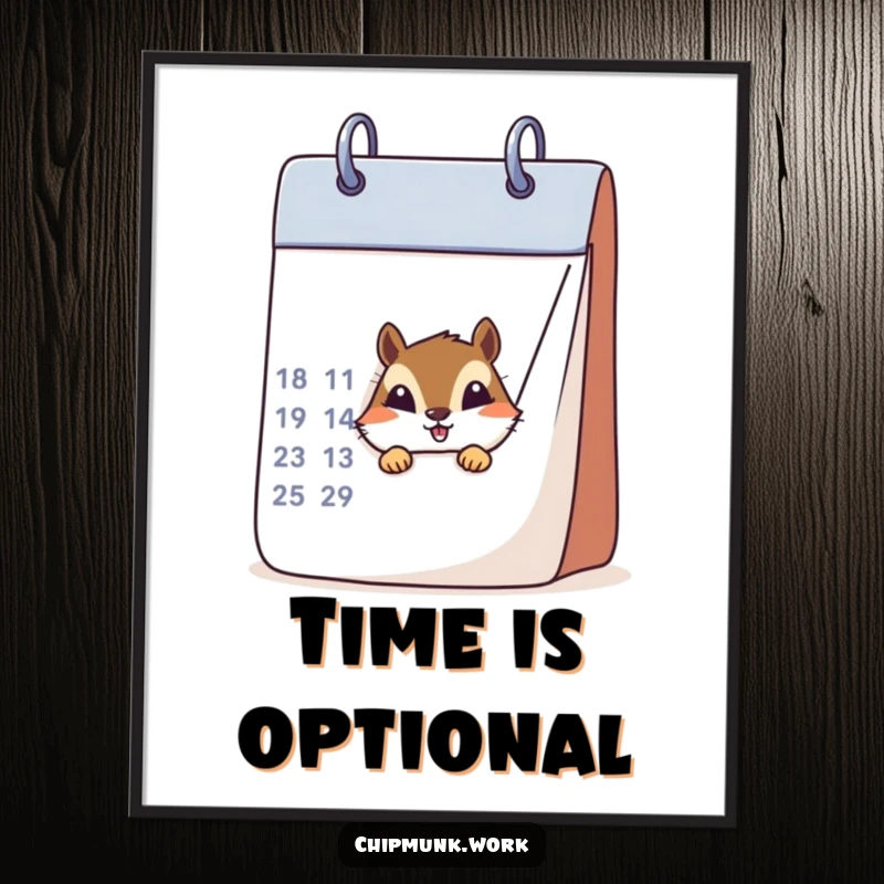 Funny chipmunk partially hidden behind a large, stylized calendar, depicted on a whimsical wall art poster.