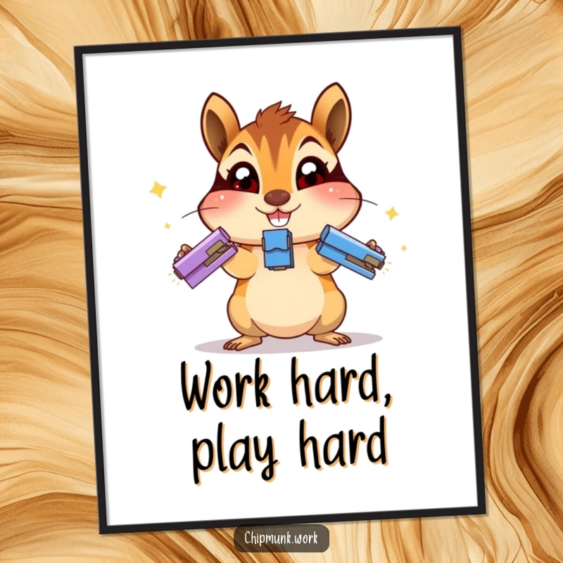 Funny chipmunk poster of an excited chipmunk juggling staplers with wide eyes, perfect for adding humorous office decor.