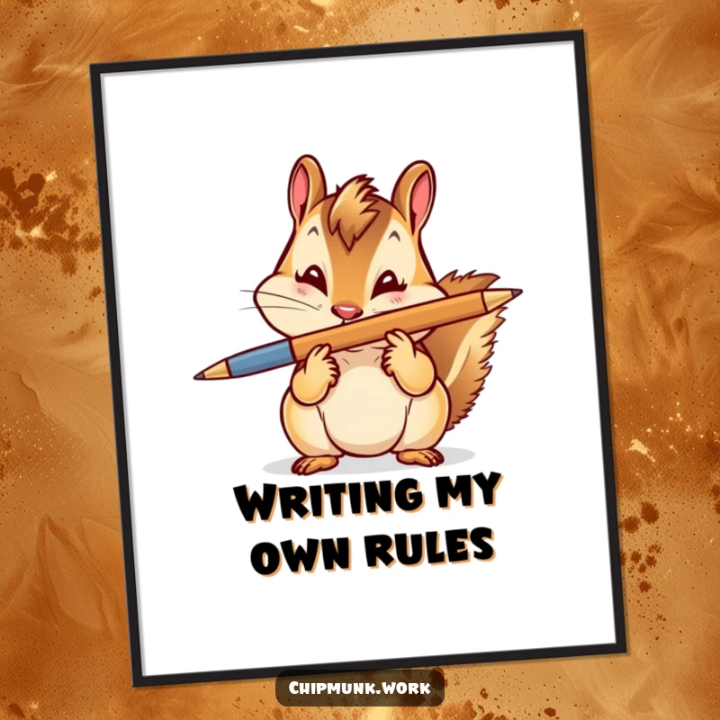 Funny Poster: A chipmunk expertly balancing a pen on its nose, giving a charming wink, embodying playful skill.