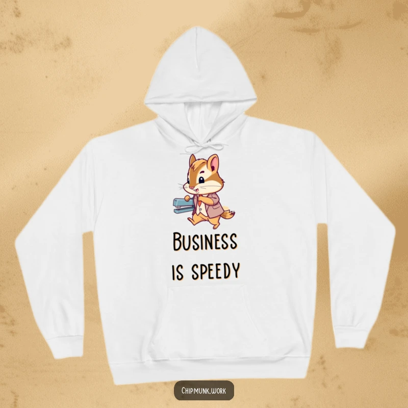 Funny chipmunk in a tiny suit zipping past office supplies, featured on a warm hoodie for humorous, professional comfort.