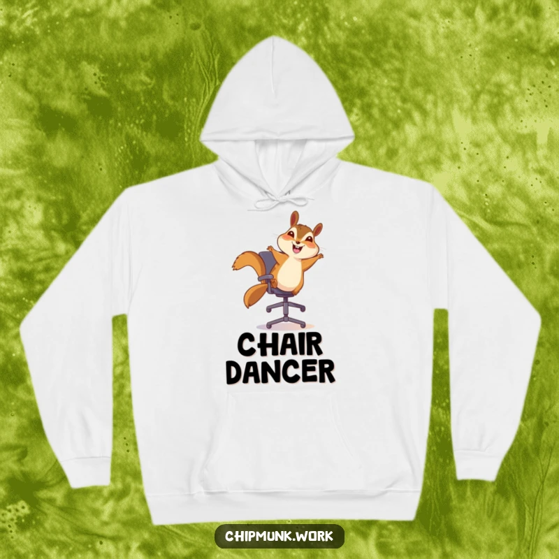 Funny chipmunk hoodie, happily bouncing on an office chair with a huge smile, embodying cozy comfort and office cheer.