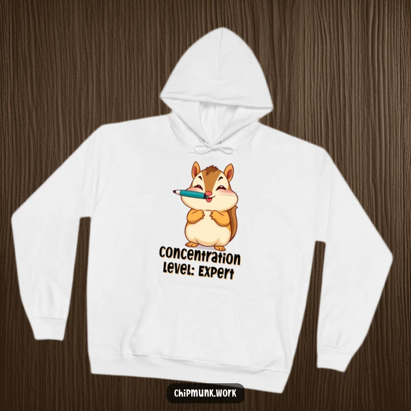 Funny hoodie depicting a chipmunk balancing a pen on its nose with a knowing wink, perfect for cozy humor.