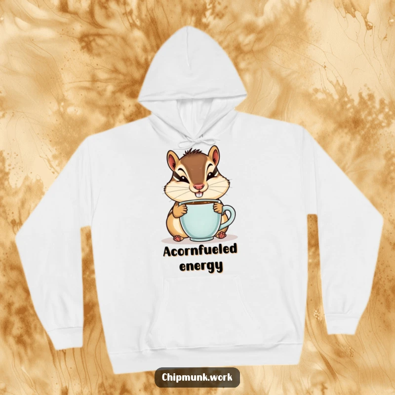Funny hoodie showcasing a chipmunk with a goofy smile sipping from a tiny coffee cup, ideal for cozy coffee moments.