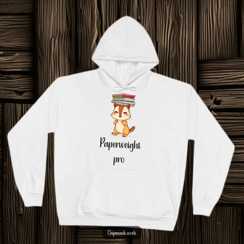 Funny chipmunk balancing a stack of papers on its head, featured on a cozy hoodie, offering humorous comfort.