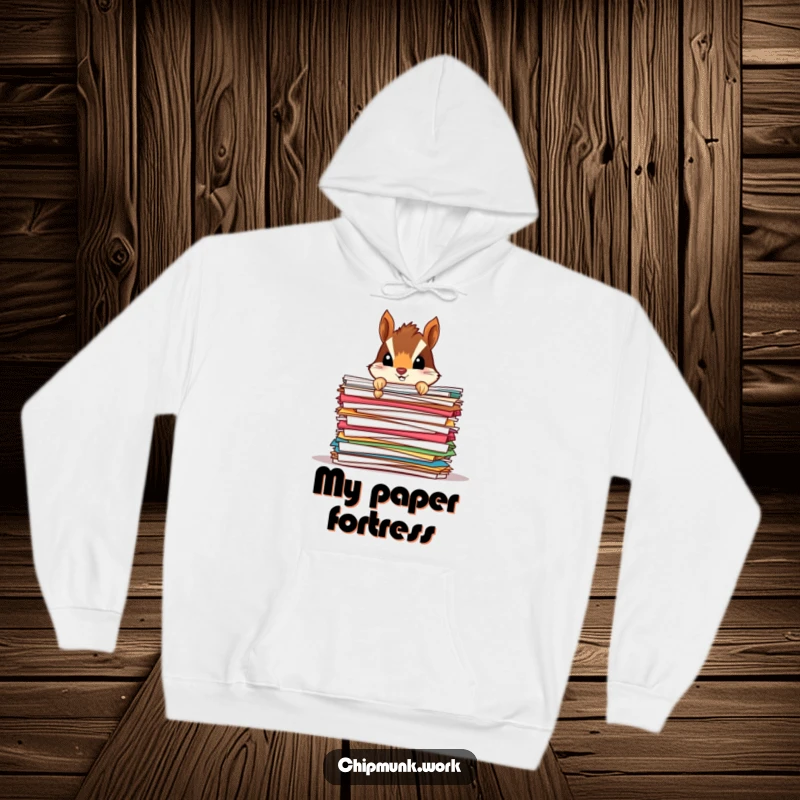 Funny Chipmunk Paper Mound Hoodie: A cozy hoodie with a tiny chipmunk humorously peeking from behind a large stack of colorful papers.