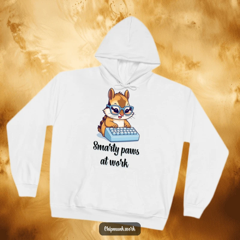 Funny chipmunk wearing glasses typing on a miniature keyboard, a cozy and humorous hoodie for a funny gift.