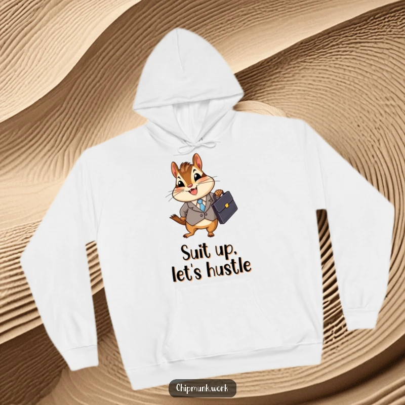Funny Business Chipmunk Hoodie depicting a chipmunk in a suit with a briefcase, offering warmth and a humorous take on corporate life, a great funny gift.