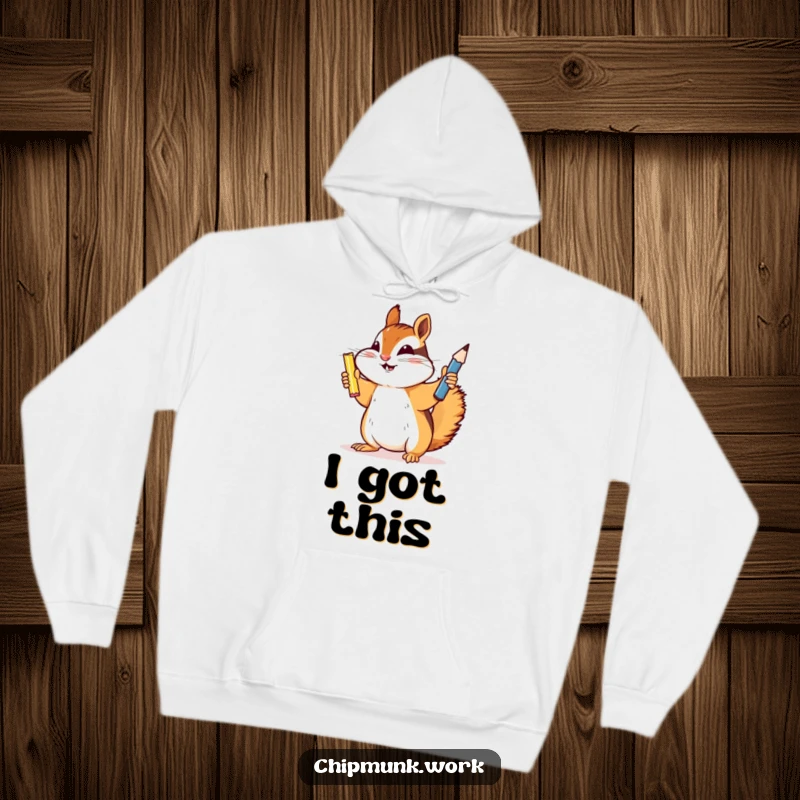 Funny chipmunk hoodie, a triumphant chipmunk proudly holding a newly sharpened pencil, symbolizing readiness and achievement.