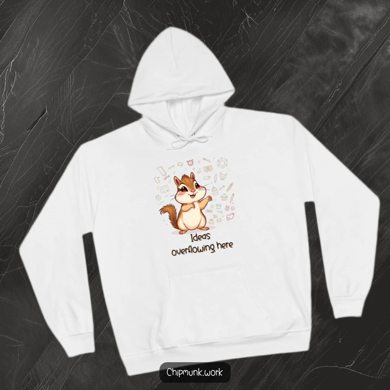 Funny chipmunk hoodie, a cheerful animal pointing at a whiteboard covered in imaginative doodles.
