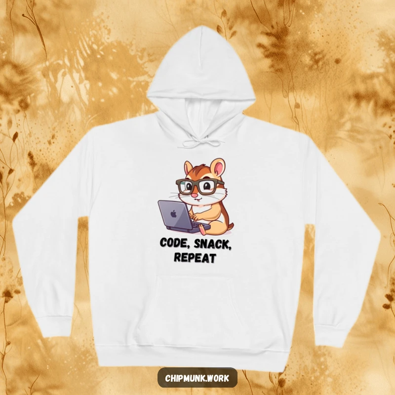 Funny chipmunk wearing large glasses, intensely typing on a small laptop, cuddled in a cozy hoodie.