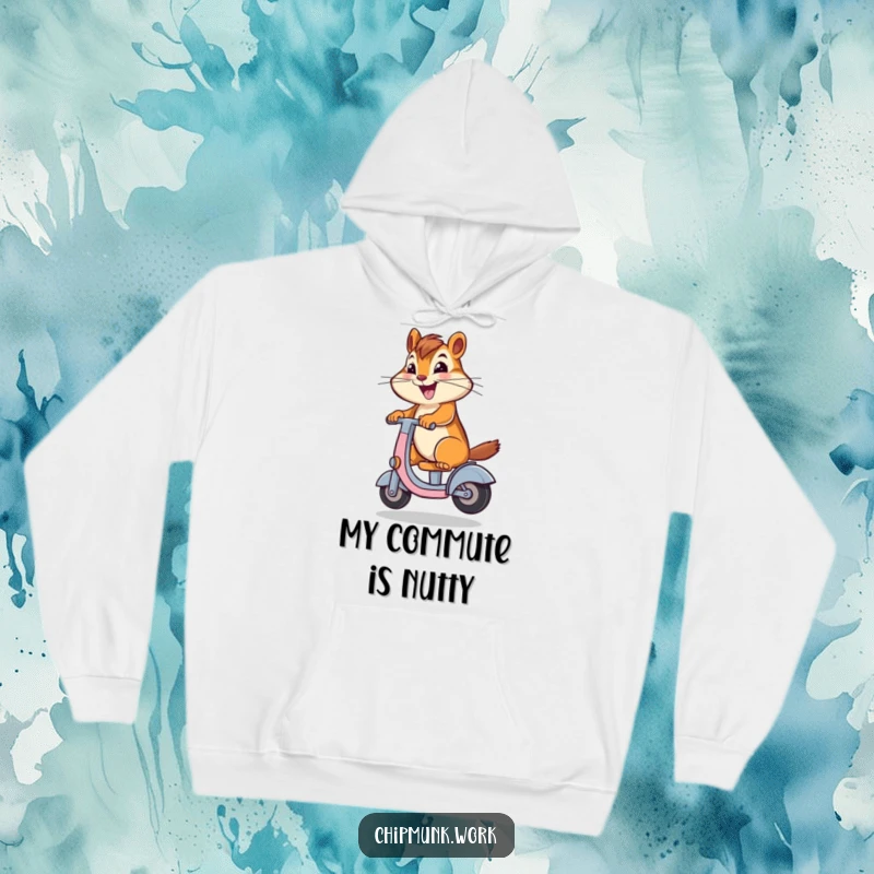 Funny chipmunk riding a desk chair like a scooter, depicted on a cozy hoodie, symbolizing playful freedom and humor, a great gift.