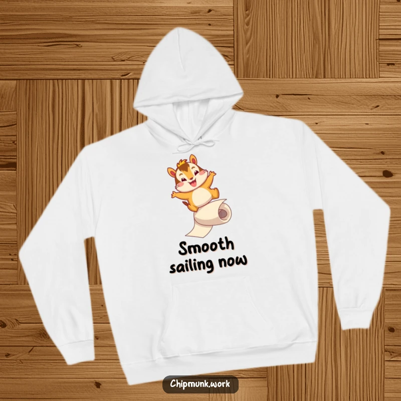 Funny hoodie depicting a cheerful chipmunk character mid-slide down a paper roll with an energetic leap. Warm and humorous apparel.