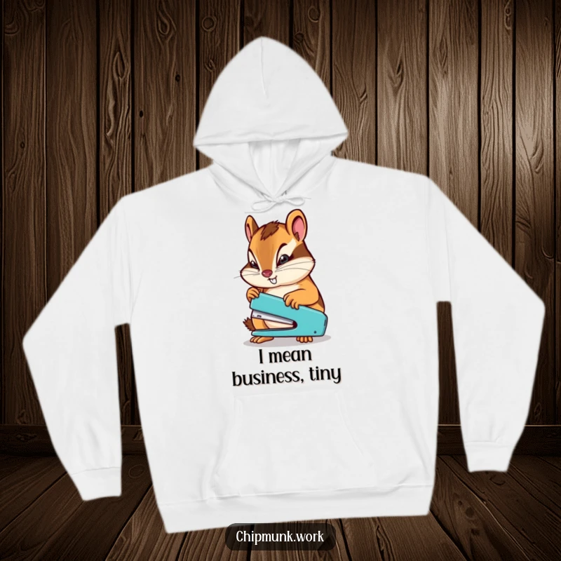 Funny chipmunk with a determined look using a miniature stapler, a humorous hoodie for focused individuals.