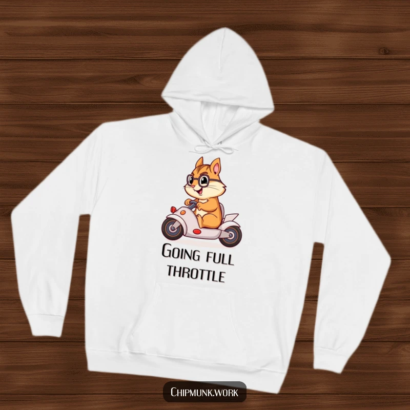 Funny chipmunk in a racing pose on an office chair, printed on a warm hoodie for cozy, humorous wear.