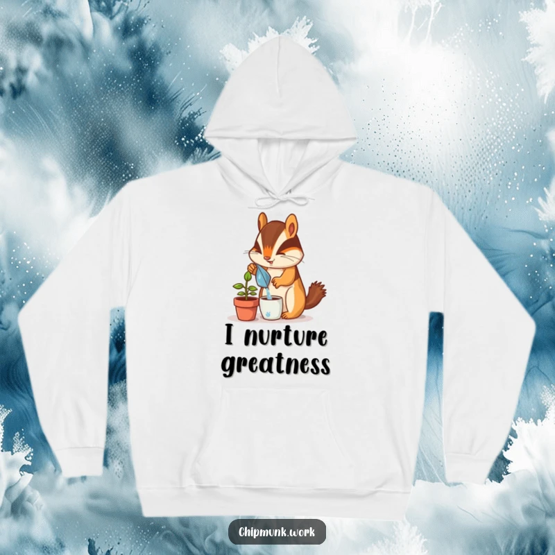 Funny chipmunk hoodie, depicted watering a tiny desk plant with great enthusiasm, a cozy and humorous apparel item.