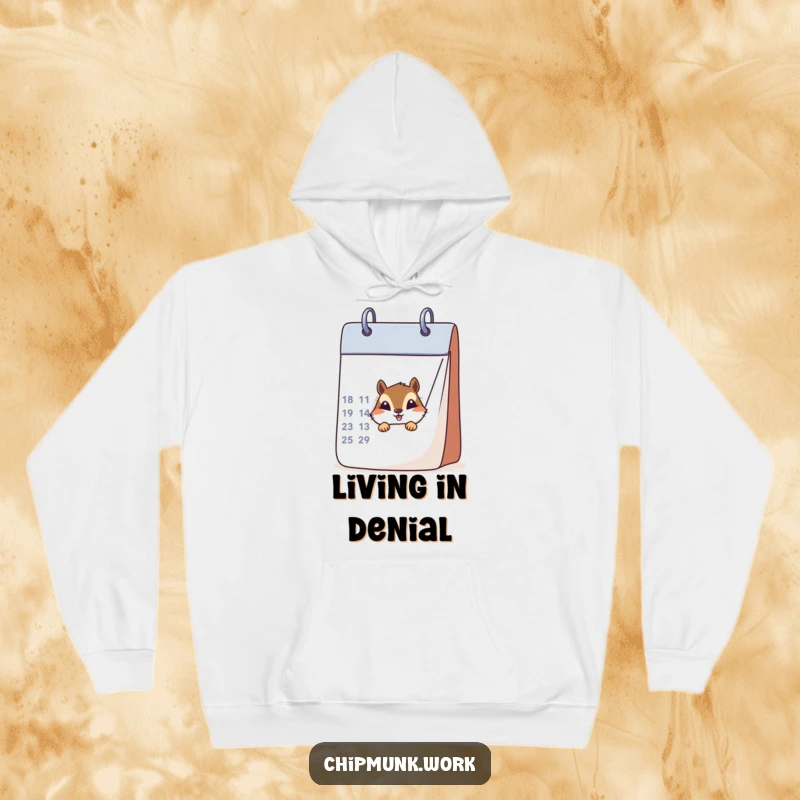 Cozy hoodie showcasing a funny chipmunk peeking from behind a giant calendar, offering a hint of playful mystery.