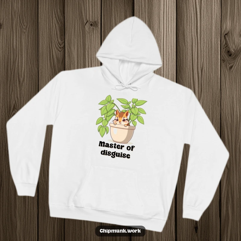 Funny chipmunk hiding behind an office plant, printed on a soft, warm hoodie for ultimate comfort and laughs.