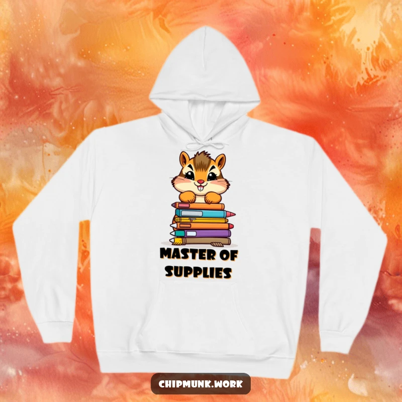 Funny chipmunk hoodie featuring a determined creature stacking colorful, wonky office supplies, ideal for cozy focus.