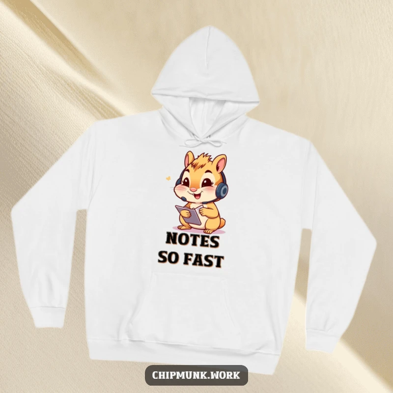 Funny chipmunk hoodie, character wearing a headset, enthusiastically taking notes, a cozy and humorous statement piece.
