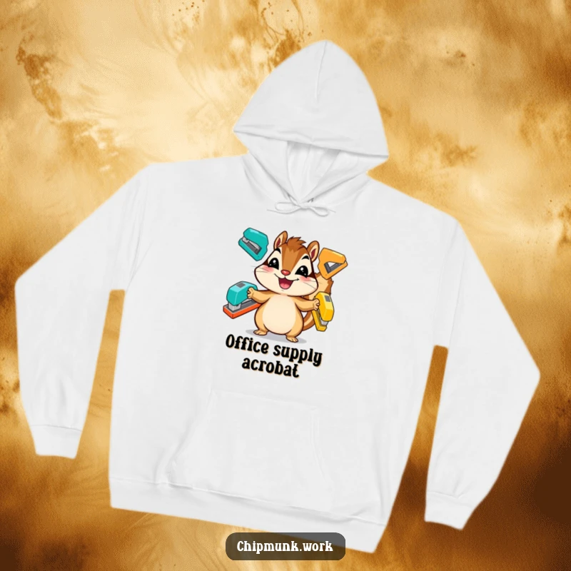 Funny chipmunk hoodie, a cheerful animal juggling three staplers, fantastic office humor apparel.