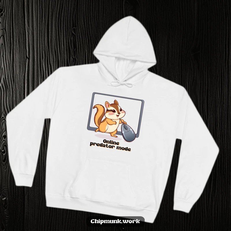 Funny Chipmunk Hoodie: Cozy hooded sweatshirt featuring a chipmunk comically chasing a computer mouse cursor, ideal for tech enthusiasts.