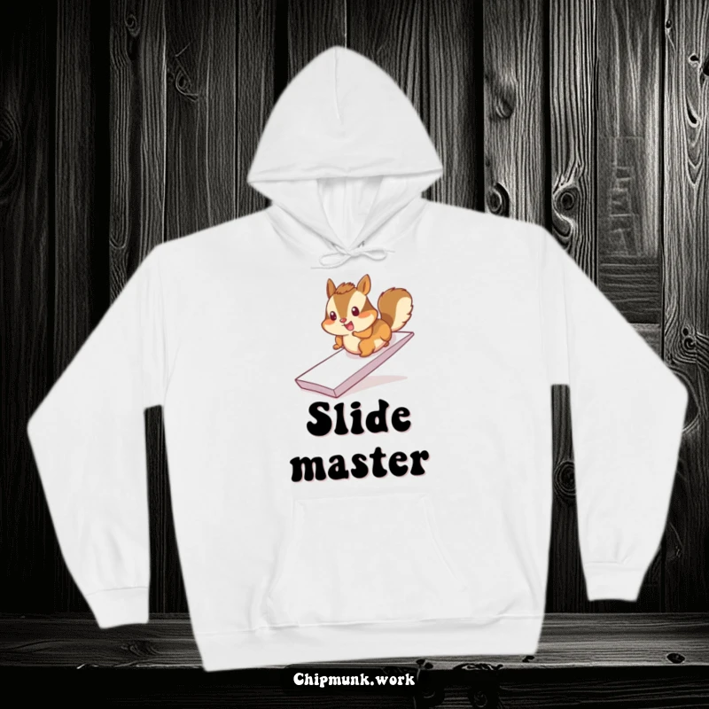 Funny chimpanzee hoodie, cheerfully sliding down a paper ramp, cozy and energetic design, comfortable.