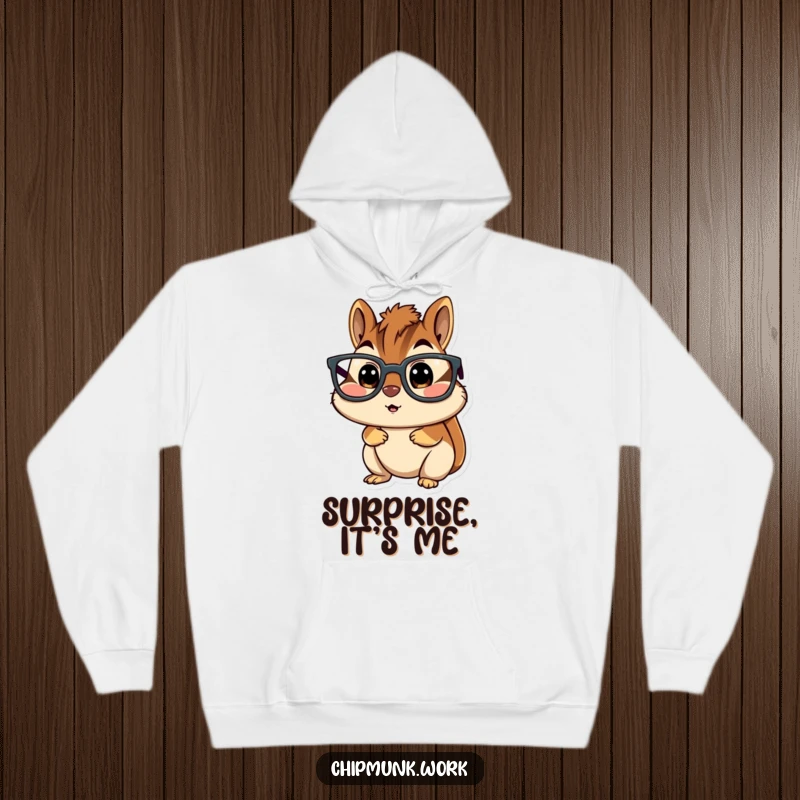 Funny chipmunk hoodie, character wearing oversized glasses, looking comically surprised, a cozy and humorous statement piece.