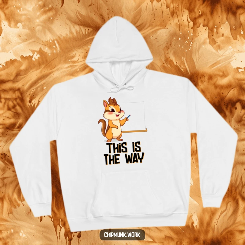 Funny chipmunk hoodie, character enthusiastically pointing at a whiteboard, a cozy and humorous statement piece.