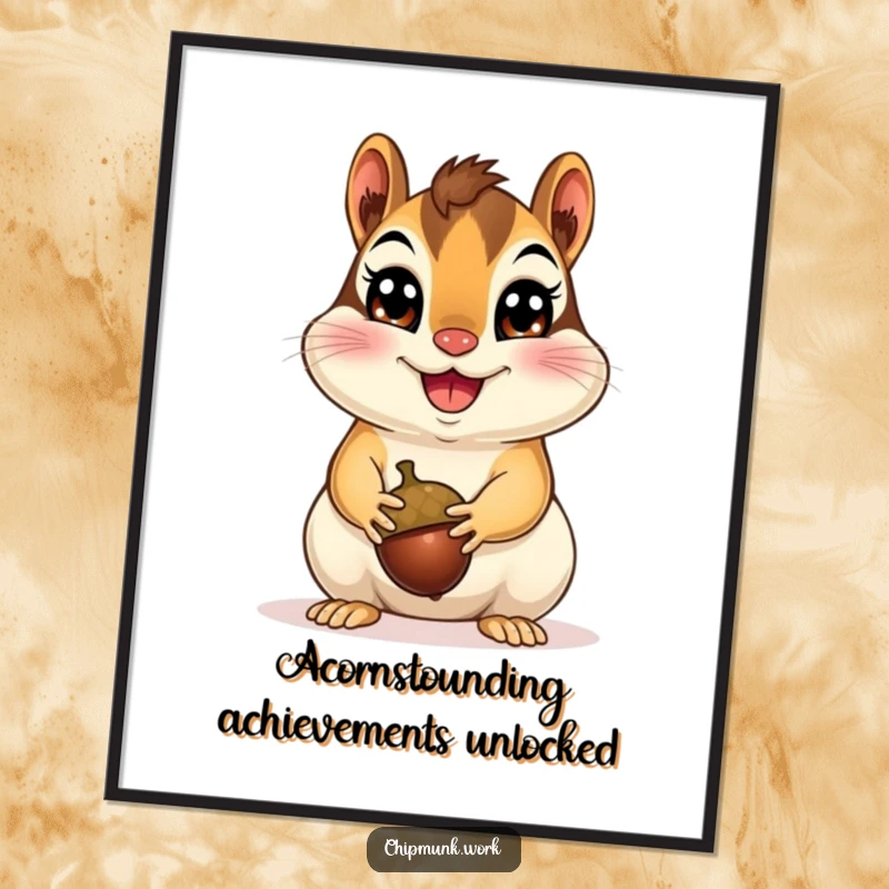 Humorous Free Printable Wall Art: A cheerful chipmunk with wide, happy eyes enthusiastically presents a single, perfect acorn.