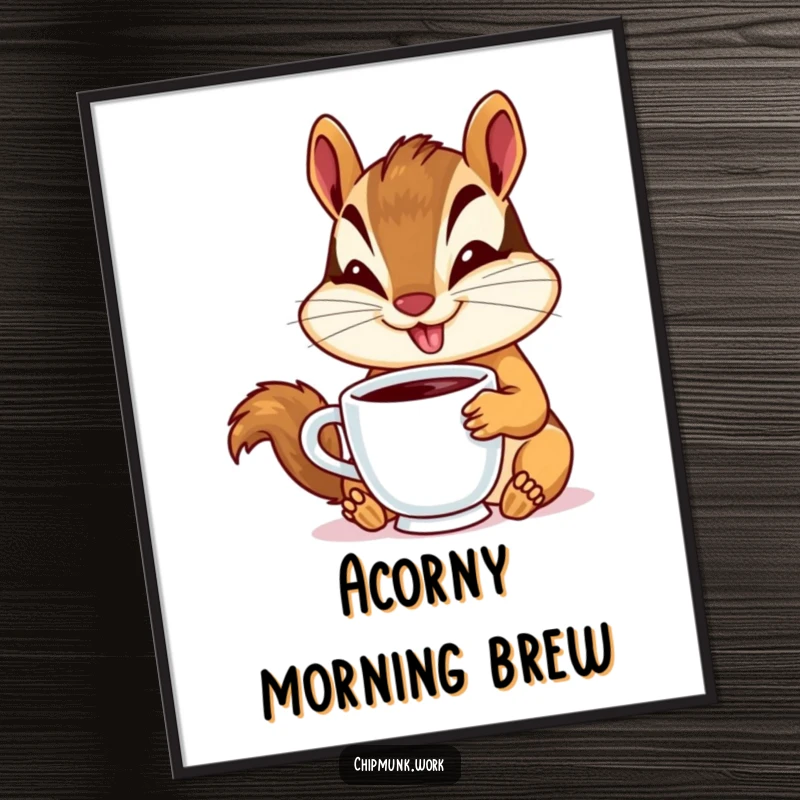 Funny Free Printable Wall Art: Goofy chipmunk with a huge smile enjoys a cup of coffee. Quirky decor.