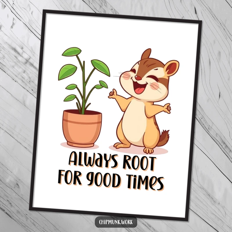 Funny Free Printable Wall Art: A chipmunk extending tiny arms, sharing a huge laugh with a friendly desk plant.