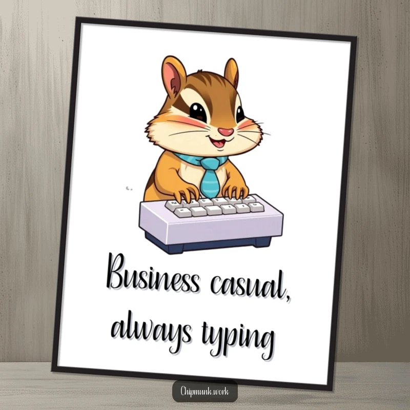 Funny Free Printable Wall Art: A chipmunk wearing a tiny tie, focused and enthusiastically typing on a miniature keyboard, a humorous office scene.