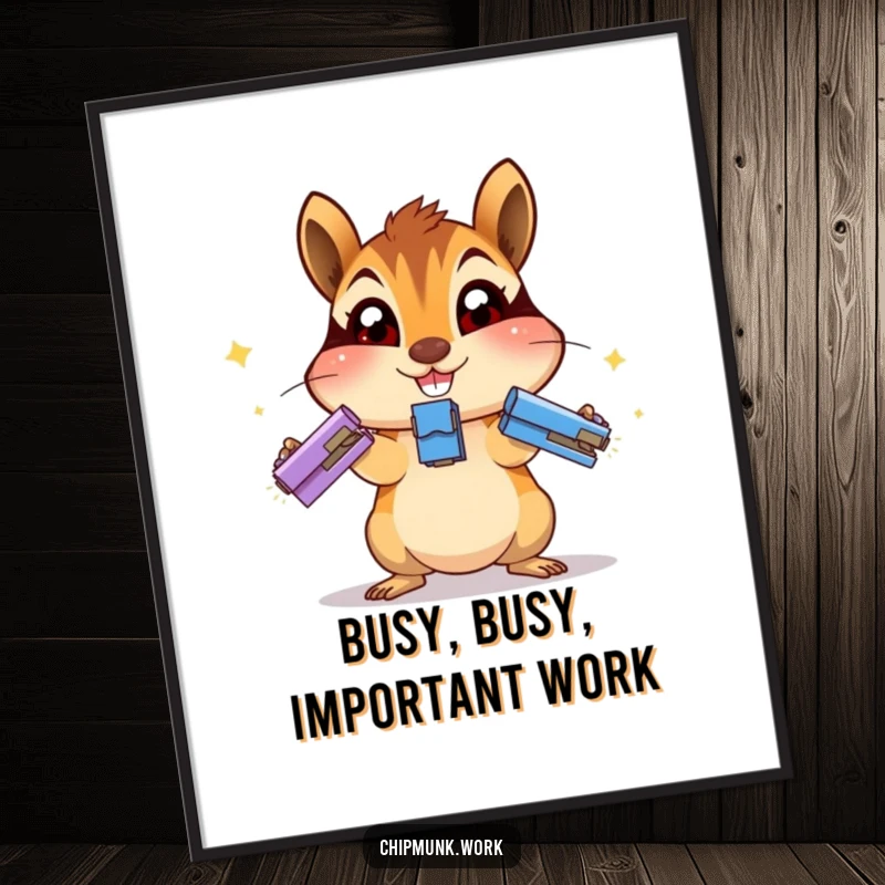 Funny Free Printable Wall Art: An excited chipmunk juggles three staplers, a whimsical and funny piece for your wall.