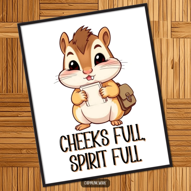 Funny Free Printable Wall Art: Mischievous chipmunk stuffing papers into a tiny satchel, cheeks comically enlarged with a humorous expression.