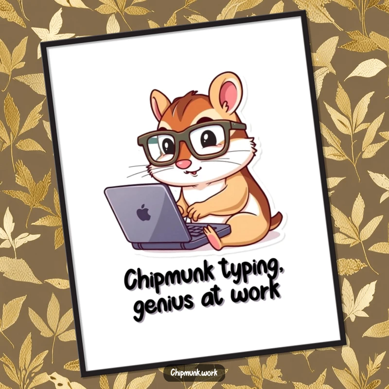 Funny Free Printable Wall Art: A chipmunk wearing oversized glasses intensely types on a very tiny laptop, focused and busy.