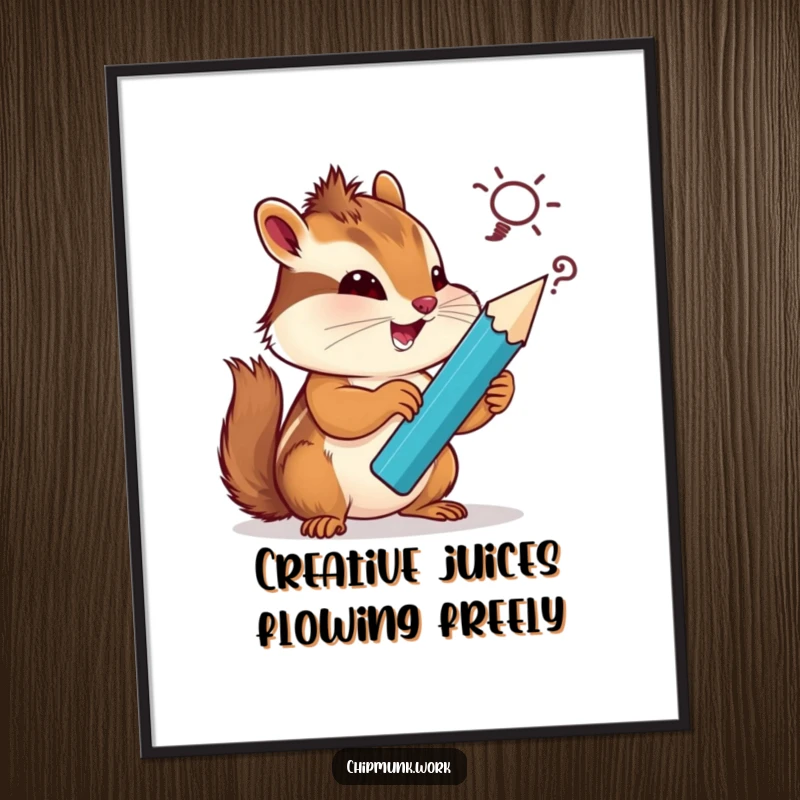 Funny Free Printable Wall Art: A chipmunk holding a giant pencil, sketching a wonderfully silly idea, creative and amusing.