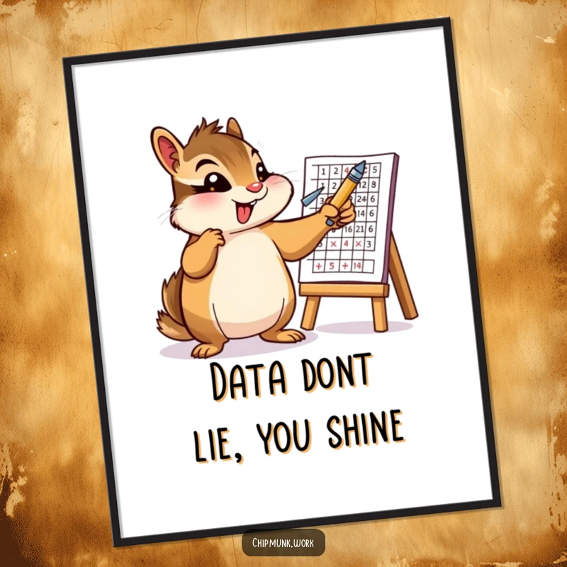 Funny Free Printable Wall Art of an energetic chipmunk enthusiastically pointing with a pen towards a complex illustrated chart.