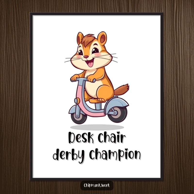 Funny Free Printable Wall Art: A chipmunk rides a desk chair like a scooter, exuding pure, unadulterated joy.