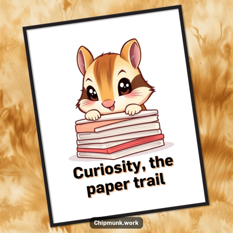 Funny Free Printable Wall Art: A chipmunk with wide, inquisitive eyes peeks over a large stack of papers, creating a scene of quiet curiosity.